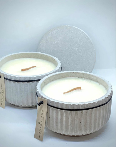 2 Velas Crown Con Tapa De Concreto Monte Vitro Pabilo Madera