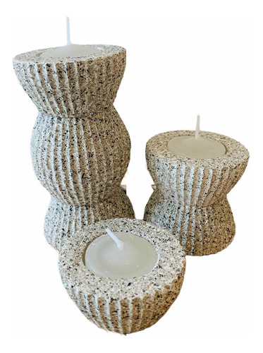 Candelabros De Cerámica Símil Piedra Set X3 Con Velita 