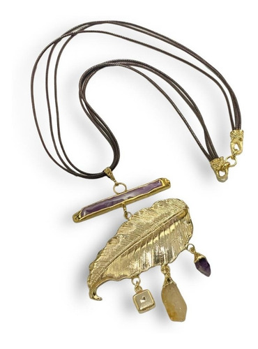 Collar Laminado Oro22k Dije Hoja Con Piedras Estambul Joya Color Marrón