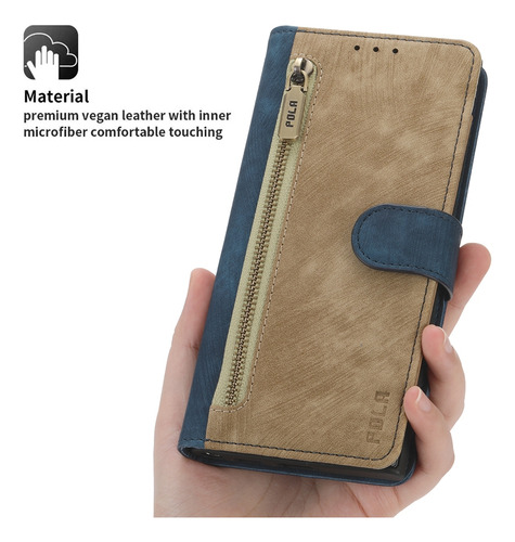 Funda Para Oppo De La Serie A/f, Retro, Anticaída, Con Correa Para La Muñeca, Cierre Magnético, Cremallera, Ranura Para Efectivo, Azul