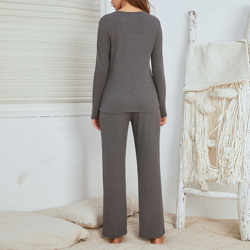 Pijama De Cuello Redondo Para Mujer, Manga Larga Para Otoño