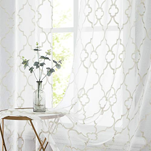 Cortinas Transparentes Con Bordado En Color Beige Blanco Par