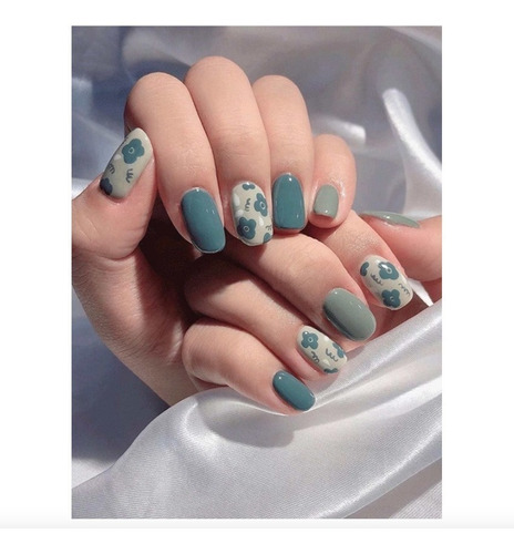 Uñas Postizas Falsas Estampadas Verde Con Pegamento 24 Pzs