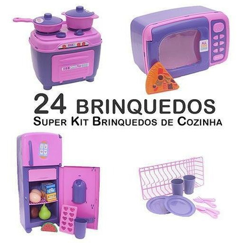 Kit Infantil Cozinha Geladeira Fogão Microondas Panela 24p