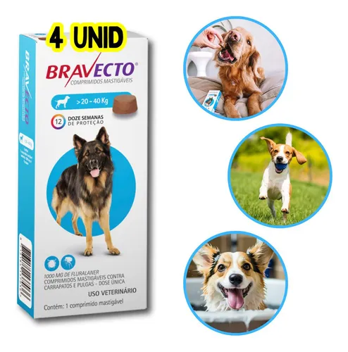 comprar Bravecto Combo 4 Unid 1000 Mg Comprimido Cães 20 A 40 Kg