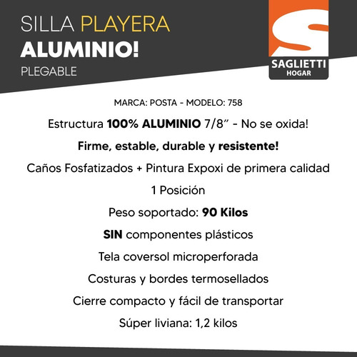Imagen 3 de 8 de Silla Playera Reforzada 100% Aluminio 90k Reposera Playa X2