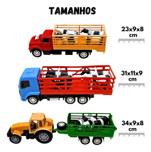 Kit 2 Caminhão + Trator Com Bois Vacas Brinquedo Presente