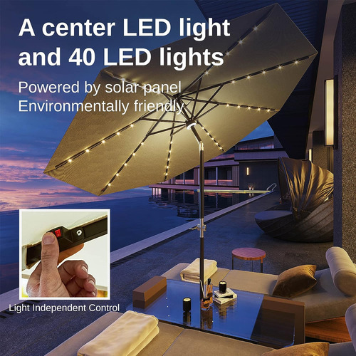 Sombrilla De Patio De 9 Pies Con 40 Luces Solares Led Imperm