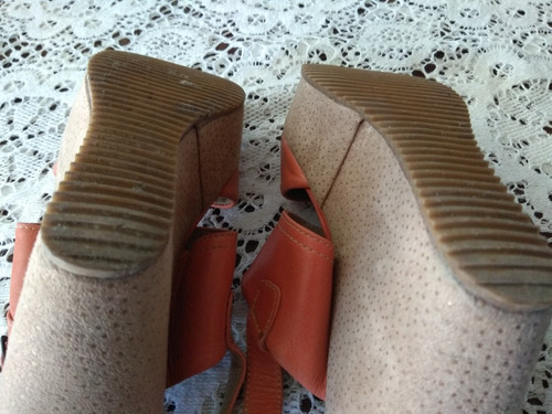 Sandalias Cuero Plataforma Taco Chino Y Pulsera Salmón