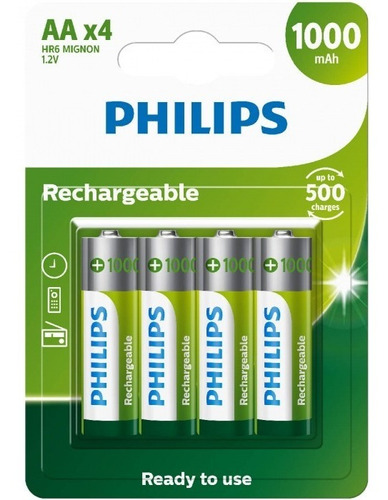 Pilha Recarregável -- Aa - 1000mah Philips -- C/ 4 Unidades