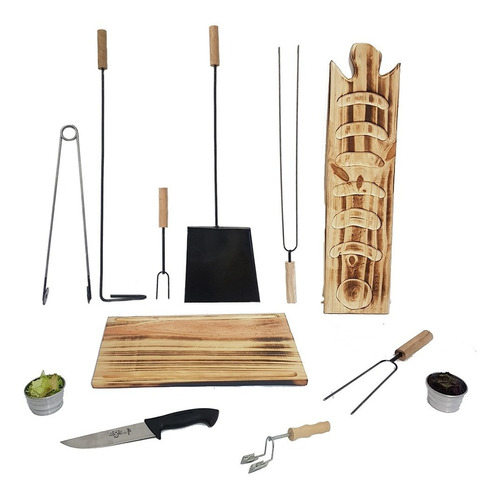 Set Asador Parrilla Kit Parrillero Tabla 48x20 Cm X12 Unidad