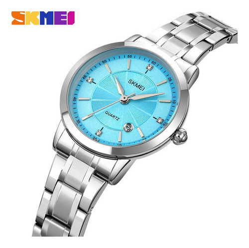 Reloj De Pulsera Skmei Classic Quartz Calendar Color Del Fondo Plateado/azul