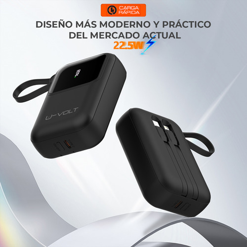 Power Bank Batería Portátil 10000mah Carga Rápida 22.5w Con 3 Cables Incorporados Tipo C Iph Usb Pantalla Digital U-volt Cargador Compatible Con iPhone Samsung Motorola Xiaomi Huawei Color Negro