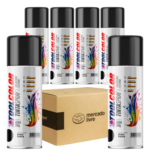 Kit Com 6 Tinta Spray Preto Fosco Tool Color 400ml/250g