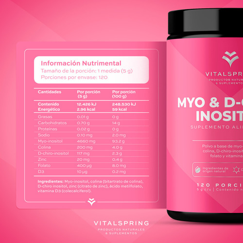 Myo & D-chiro Inositol 40:1 Con Colina 600g. Vital Spring Sabor Sin sabor