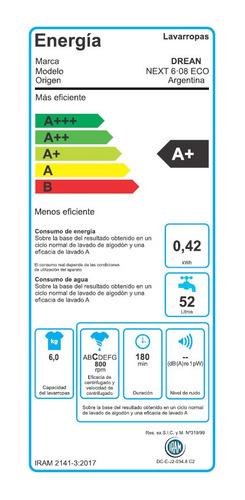 Lavarropas Carga Frontal Drean Next 6.08 Eco 6 Kg A+