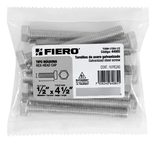 Tornillo Tipo Maquina 1/2 X 4.5´ Hexagonal Metal 10pz 44665