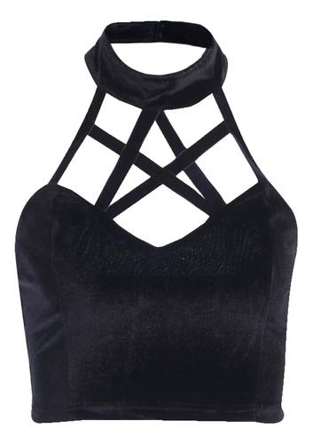 Vintage Negro Gótico Crop Top Sexy Halter Camiseta Sin