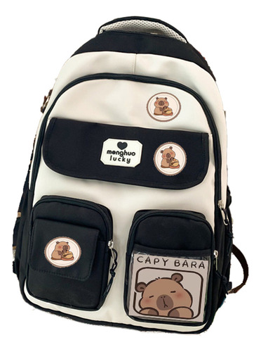 Mochila Capivara Kawaii Com Bolso Grande Cor Preto