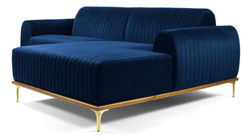 Sofá 230cm 4 Lugares Chaise Direito Molino Veludo Azul Cor Azul-escuro Desenho do tecido Liso