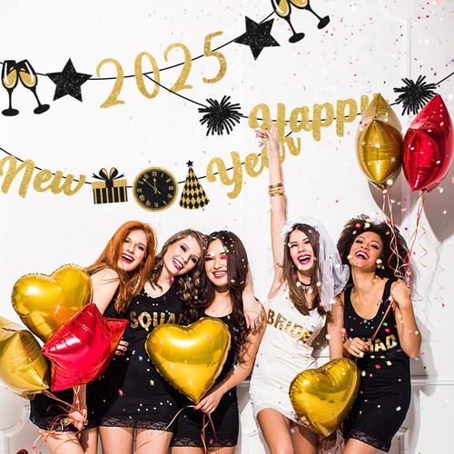 Pancarta De Feliz Año Nuevo 2025 Con Purpurina Pancarta De N