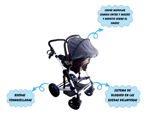 Imagen 6 de 10 de Coche Mega Baby Bebe Convertible Tres En Uno Con Huevito + Asiento Moisés Cuna Plegable Liviano