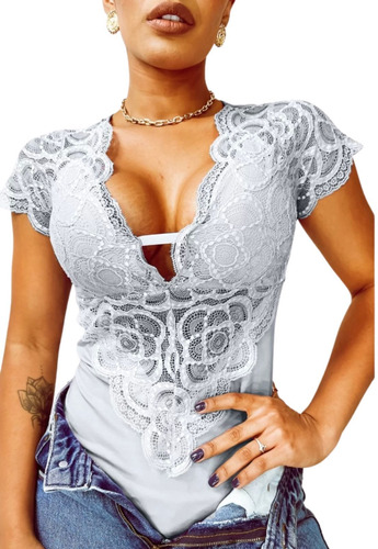 Body Bore Blusa Feminina Renda Guipir Manga Curta Blogueiras