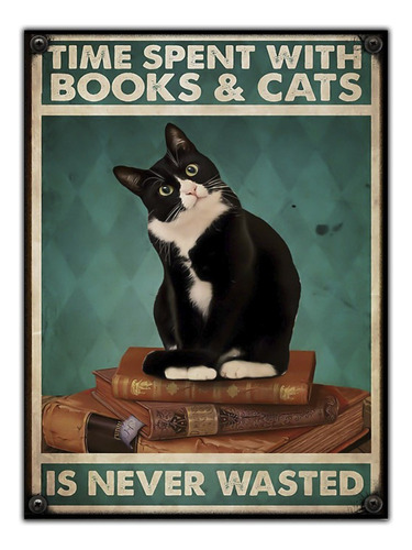 #908- Cuadro Decorativo Vintage Gato Libros Poster No Chapa