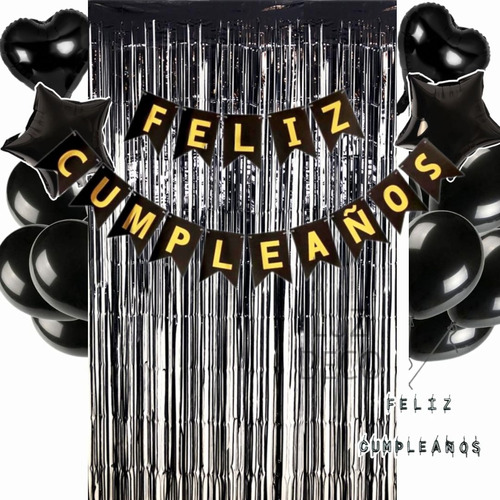 Kit Set Feliz Cumpleaños Decoración Fiesta + Velas Pll Negro