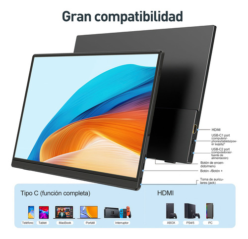 Monitor portátil IPS Pc 16" 1080p Hdr Led Integrado Bocinas Iotwe HDMI/tipo C/conector Audio 3.5 Ps5 Xbox Switch Computadoras Cámaras videoconsolas portátiles Auriculares móviles