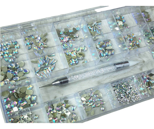 Kit Caja Acrílica Con Cristales Para Uñas Katana Lápiz Stras Color Dorado