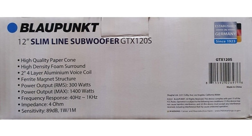 Imagen 5 de 5 de Subwoofer Plano Gtx120s Blaupunkt 12 1400 W 4 Ohms 300 Rms
