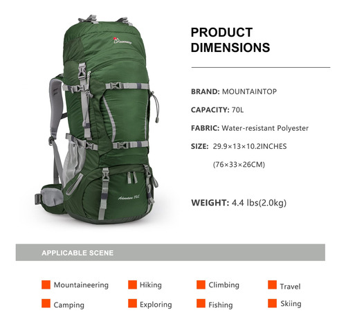 Mochila 70l Mountaintop Marco Interno Camping Senderismo 70l-verde Oscuro Diseño De La Tela