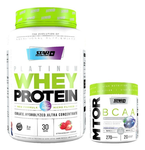 Proteina Whey Star Nutrition 2 Lb + Mtor 270 Gr Sabor Strawberry Cream + Grape Attack