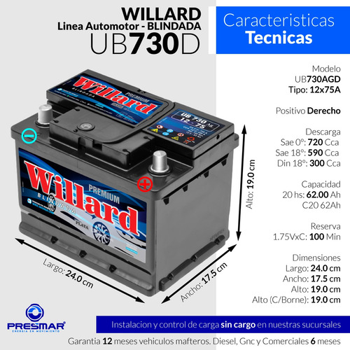 Imagen 2 de 10 de Bateria Auto Willard 12x75 Ub730 12 Volt 75 Amper
