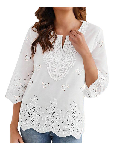 Camisa De Manga De Encaje Con Cuello En V Para Mujer
