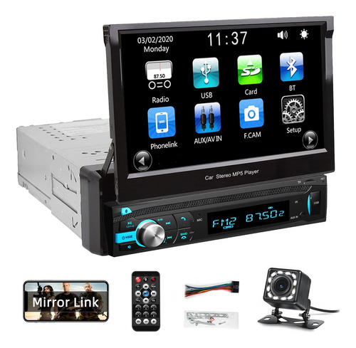 Auto Estéreo Retráctil Bluetooth Mp5 Mirror Link 1din Cámara