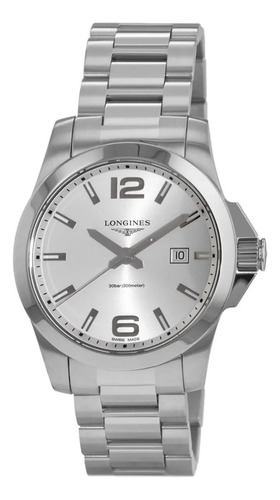 Relógio Longines L3.760.4.76.6 Conquest 43mm Prata Quartz Correia Prateado Bisel Prateado Fundo Prateado