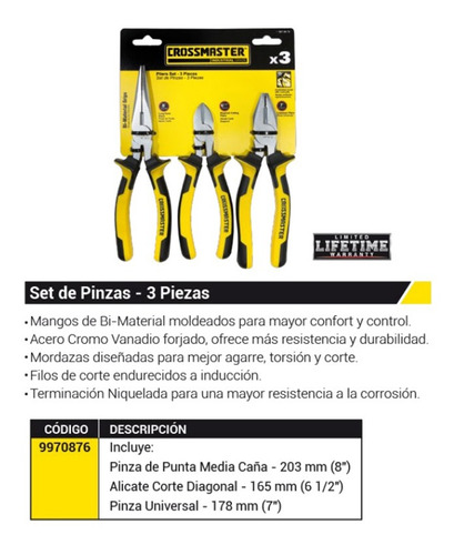 Juego Herramientas Mano Pinzas 3 Piezas Crossmaster Alicates