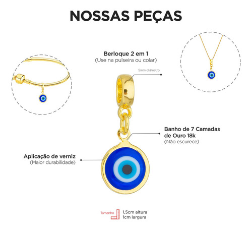 Work semijoias Berloque Olho Grego Banhado A Ouro 18k Premium