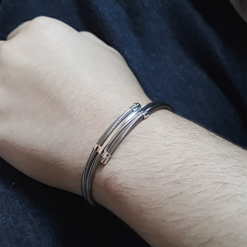 Bracelete Masculino Aço 316l Prata 925 2 Fios Desencontrados Comprimento 17 Cm Cor Prateado