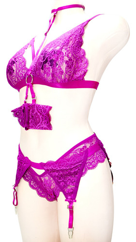 Coordinado 7 Pzs Bondage Fino Y Suave Encaje Co001 Fucsia Fucsia Tanga G, Bra (32-34-36-38-40-44)