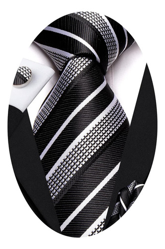 Set De Corbata , Pañuelo Y Gemelos Hi-tie Seda Plata - Negro