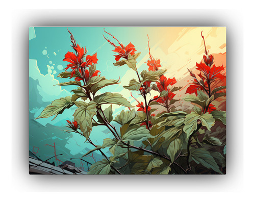 40x30cm Cuadro Hierbas De Menta En Tonos Verde Y Rojo Flores