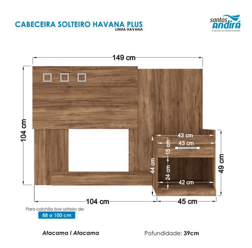 Cabeceira Solteiro Havana Plus 148cm C/ Criado Santos Andirá Cor Atacama