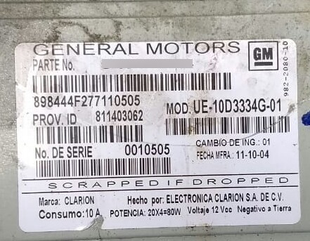 Código De Desbloqueio Rádio Gm Chevrolet Clarion Original