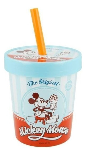 Vaso Pote Plastico De Helado Con Tapa Y Sorbete Mickey Mouse Color Celeste