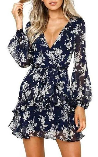 Navidad Ropa Mujer Vestido Floral Casual Corto En V Cuello