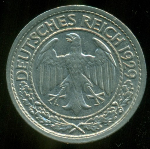 Alemania Weimar Moneda 50 Reichspfennig 1929 F #49 Exc.