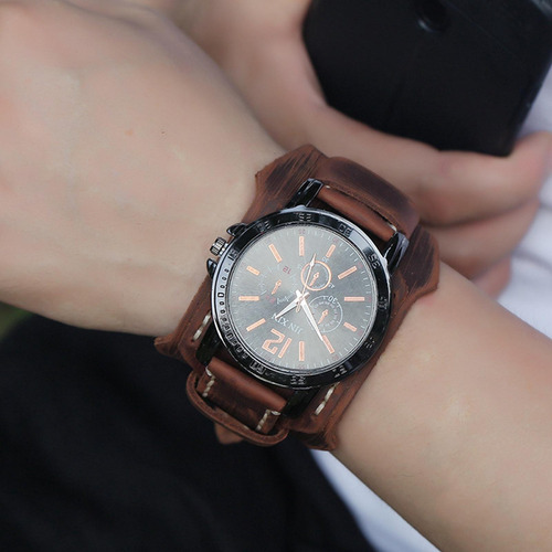 Reloj De Pulsera Para Hombre, Reloj De Cuero, Correa Ancha,